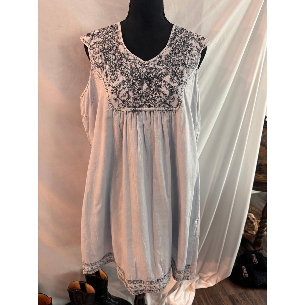 Shana K Womens XL Light Blue Cotton Embroidered Sleeveless V-Neck Tunic Dress